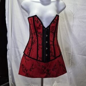 Elegant Red Corset Skirt G-String Set